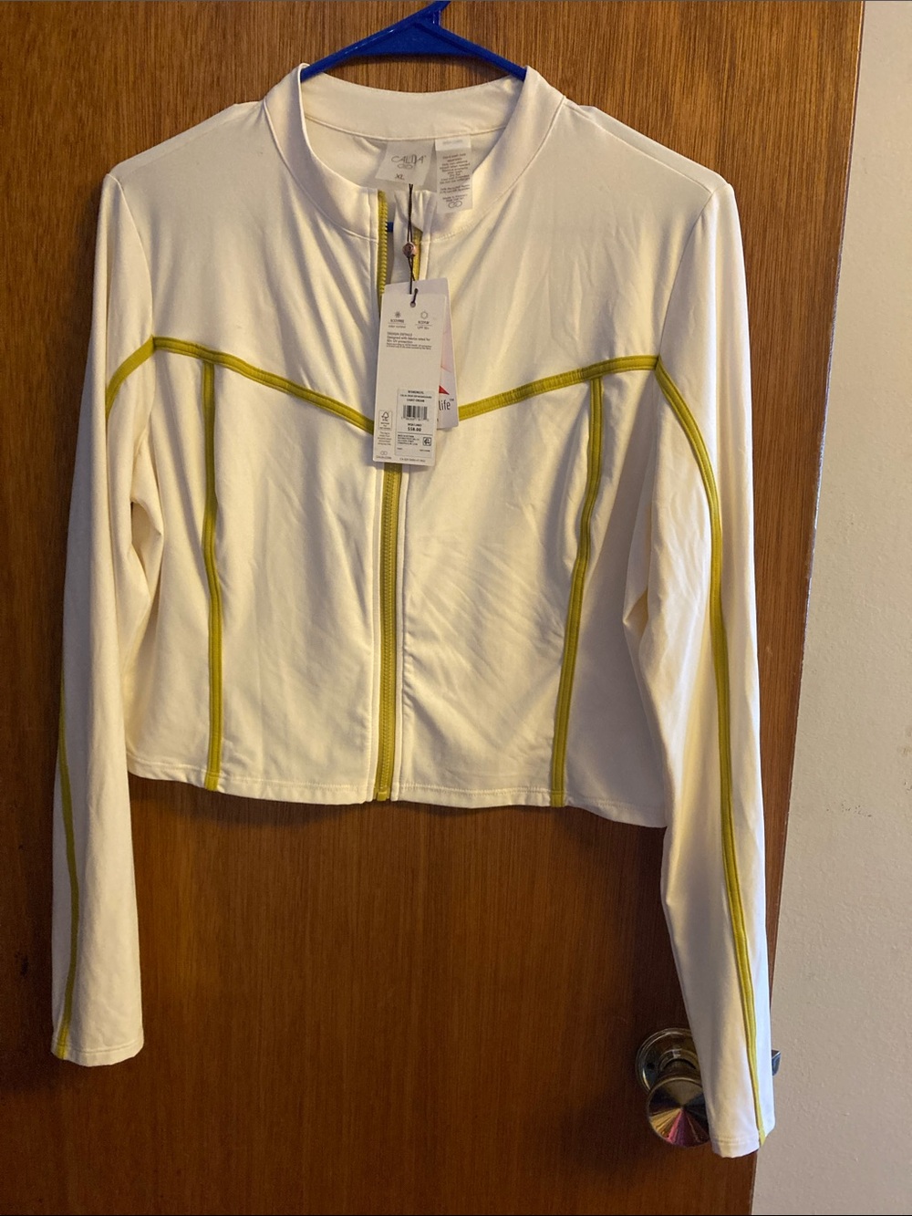 CALIA by Carrie Underwood Cream Swim Coverup Jacket with Yellow Trim